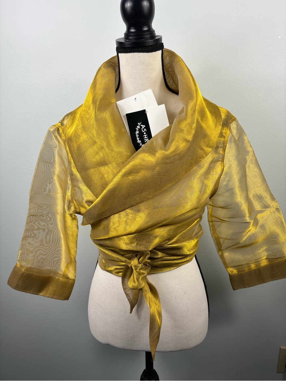 Ashro Gold Organza Sheer Wrap Blouse Cardigan Wide Shawl Collar Flared Sleeve